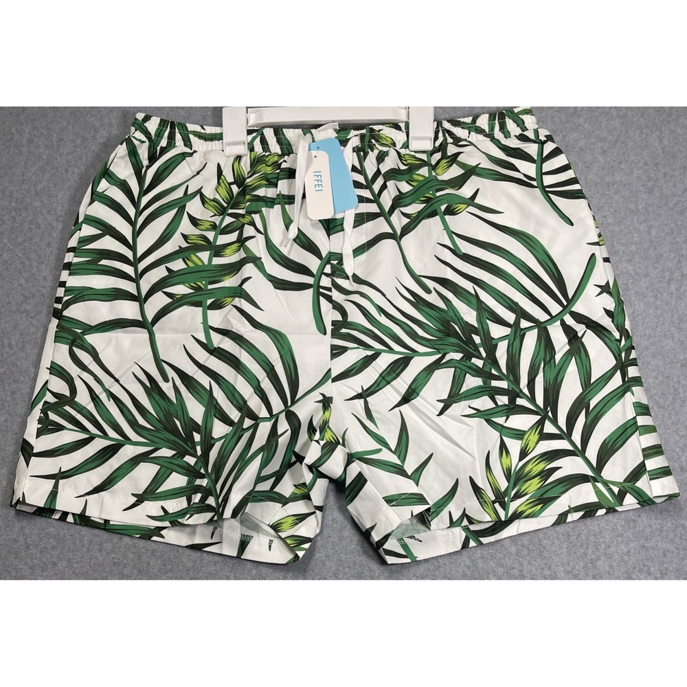 IFFEI Men's Swimming Trunks Stylish Beach Shorts Green/White Palm Leaves Sz 2XL